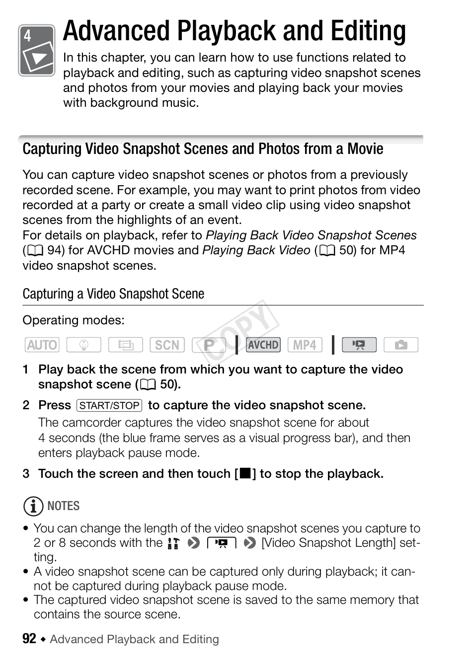 Advanced playback and editing, Cop y | Canon VIXIA HF R42 User Manual | Page 92 / 196