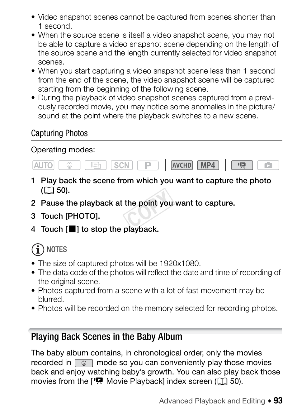 Playing back scenes in the baby album, Cop y | Canon VIXIA HF R42 User Manual | Page 93 / 196