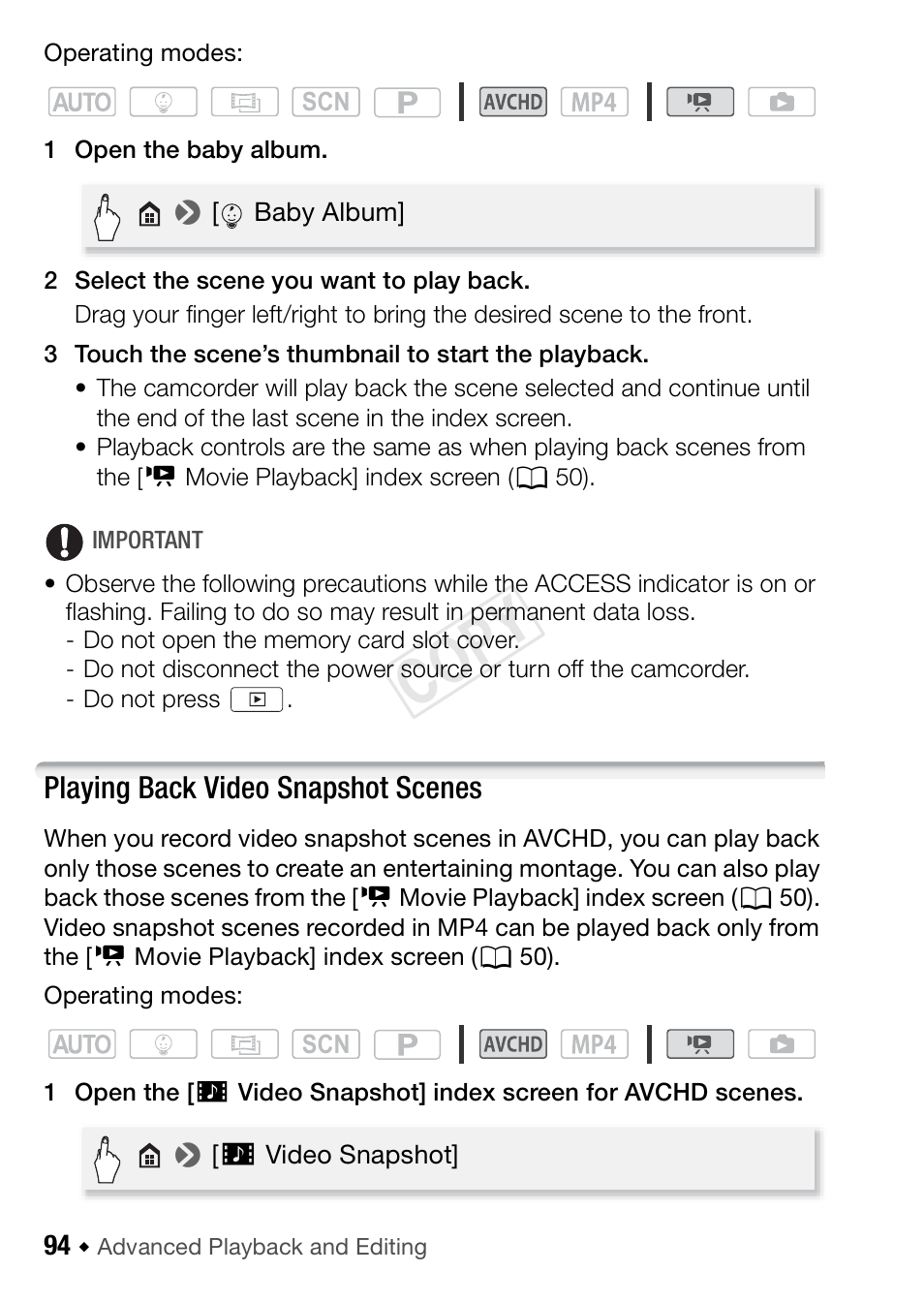 Playing back video snapshot scenes, Cop y | Canon VIXIA HF R42 User Manual | Page 94 / 196