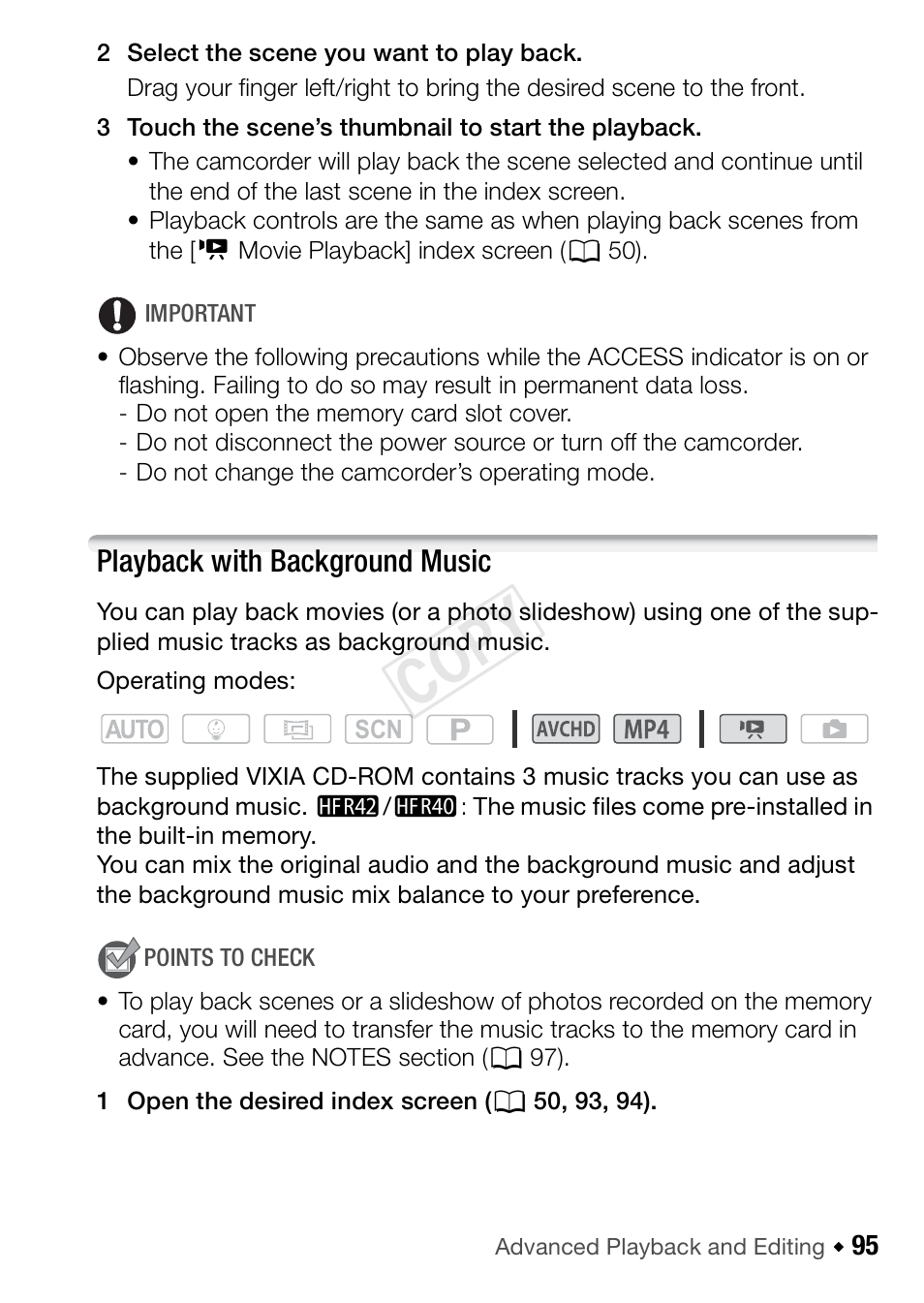 Playback with background music, Cop y | Canon VIXIA HF R42 User Manual | Page 95 / 196