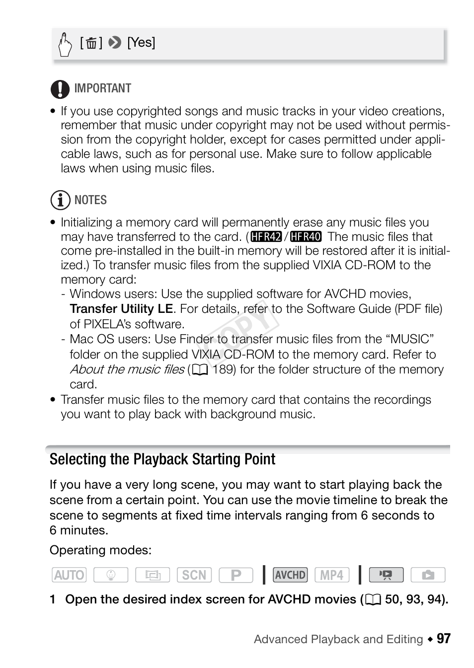 Selecting the playback starting point, Cop y | Canon VIXIA HF R42 User Manual | Page 97 / 196