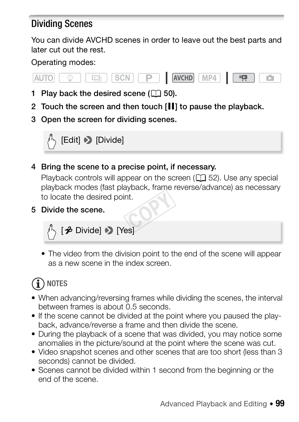 Dividing scenes, Cop y | Canon VIXIA HF R42 User Manual | Page 99 / 196
