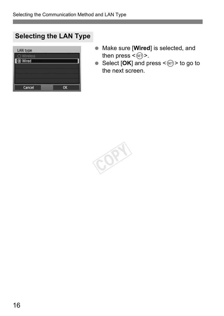 Selecting the lan type, Cop y | Canon EOS-1D C User Manual | Page 16 / 116
