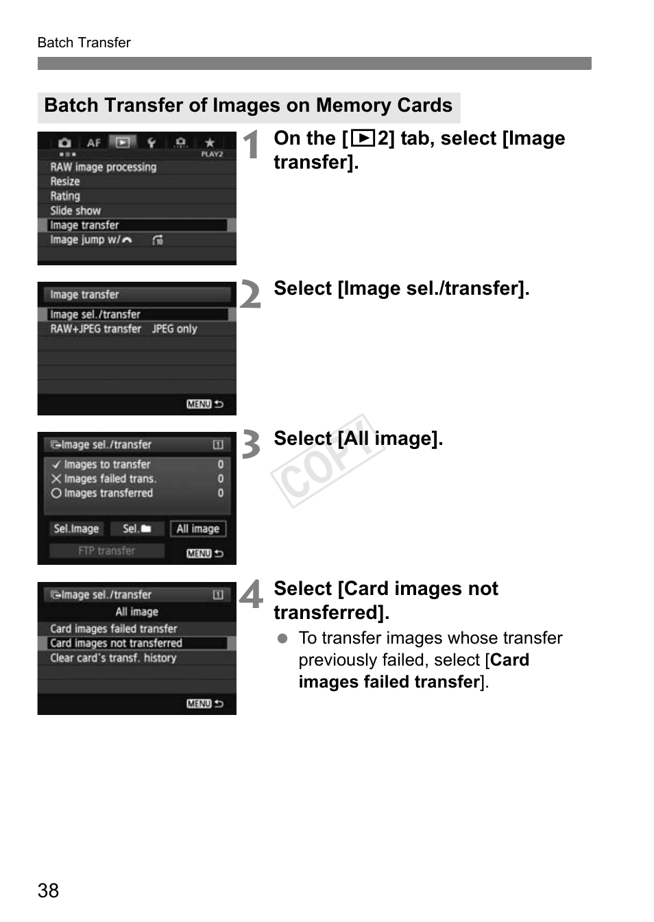 Batch transfer of images on memory cards, Cop y | Canon EOS-1D C User Manual | Page 38 / 116