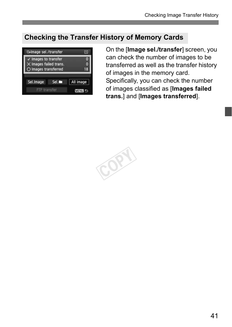 Checking the transfer history of memory cards, Cop y | Canon EOS-1D C User Manual | Page 41 / 116