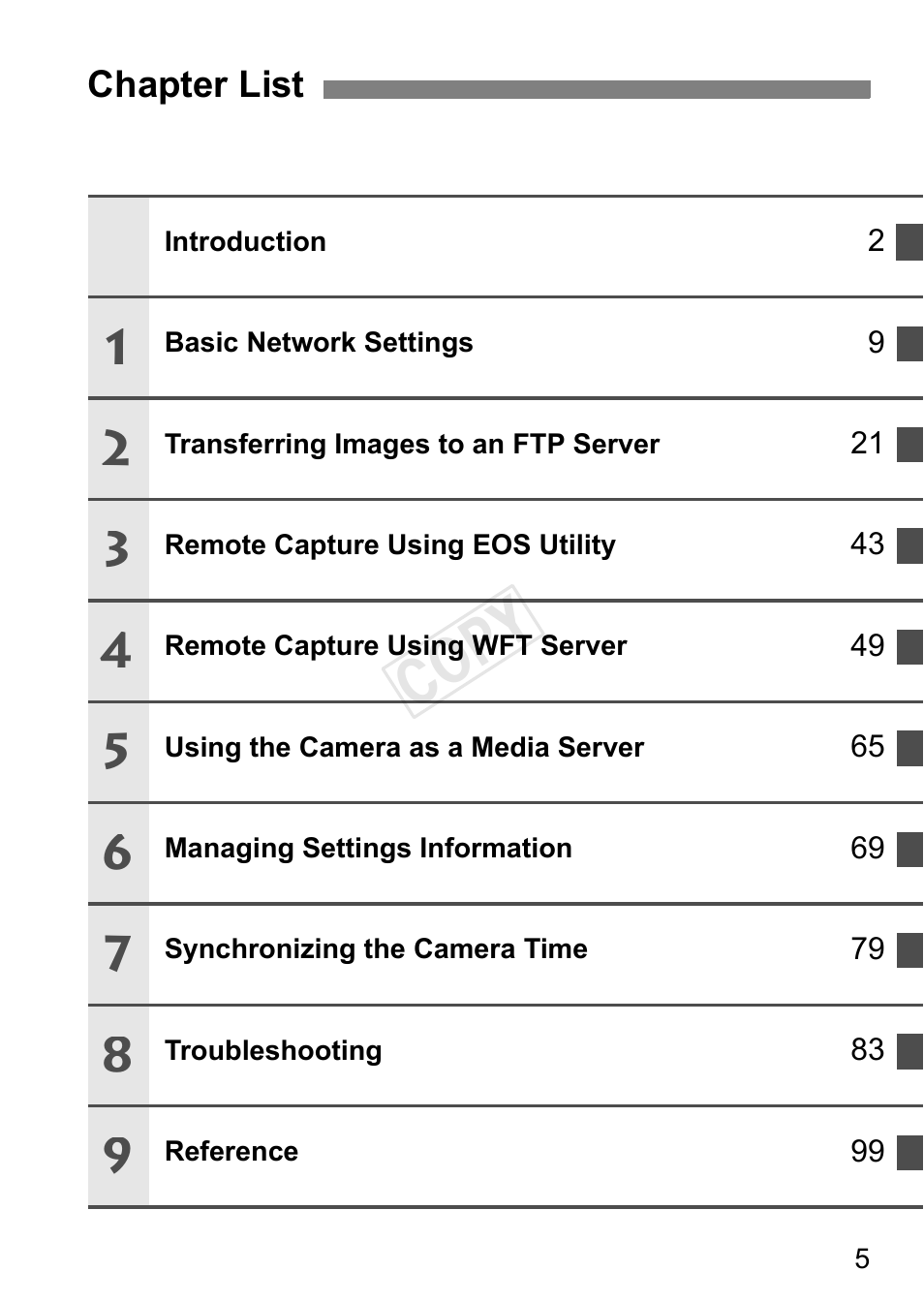 Chapter list, Cop y | Canon EOS-1D C User Manual | Page 5 / 116