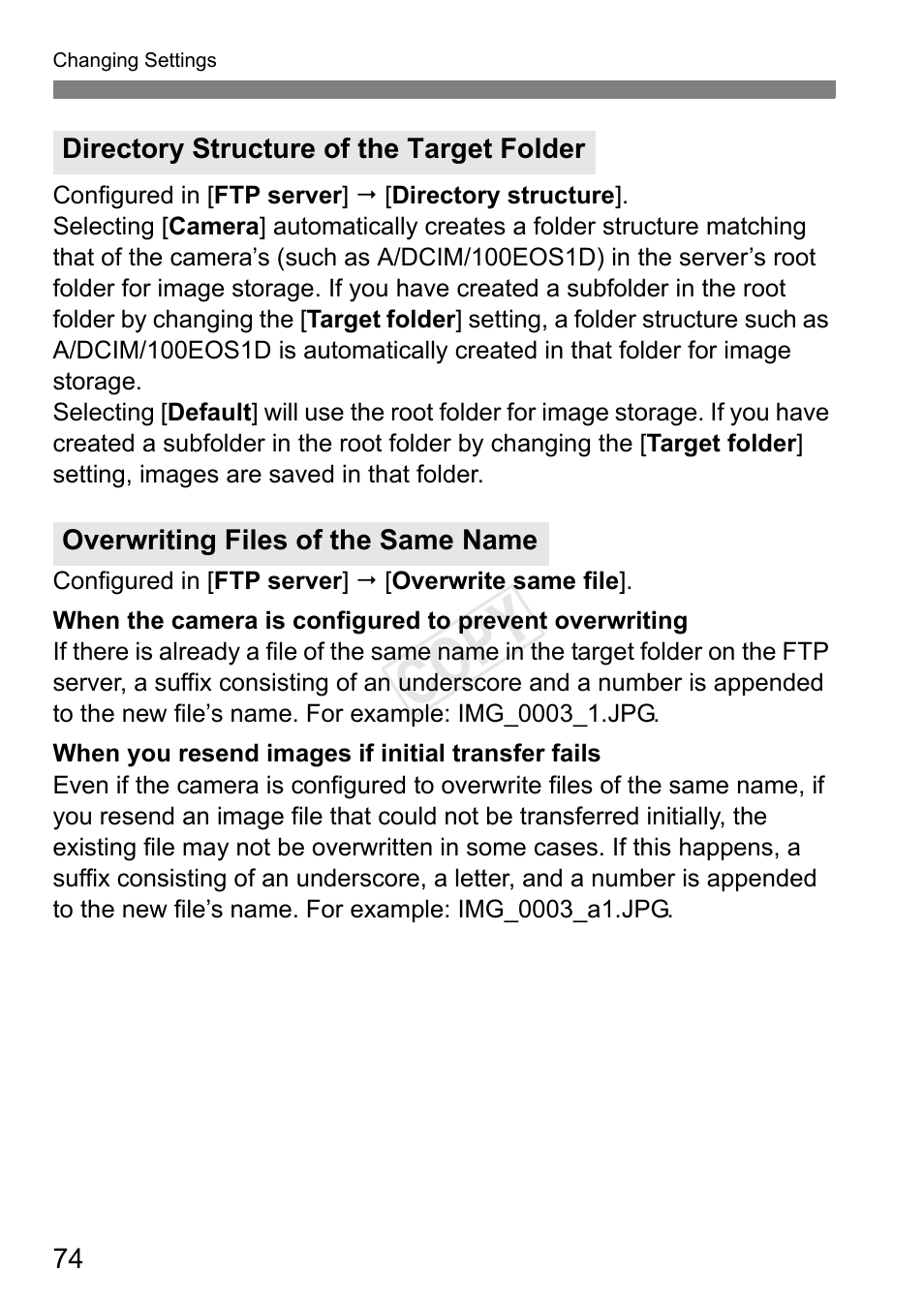 Directory structure of the target folder, Overwriting files of the same name, Cop y | Canon EOS-1D C User Manual | Page 74 / 116