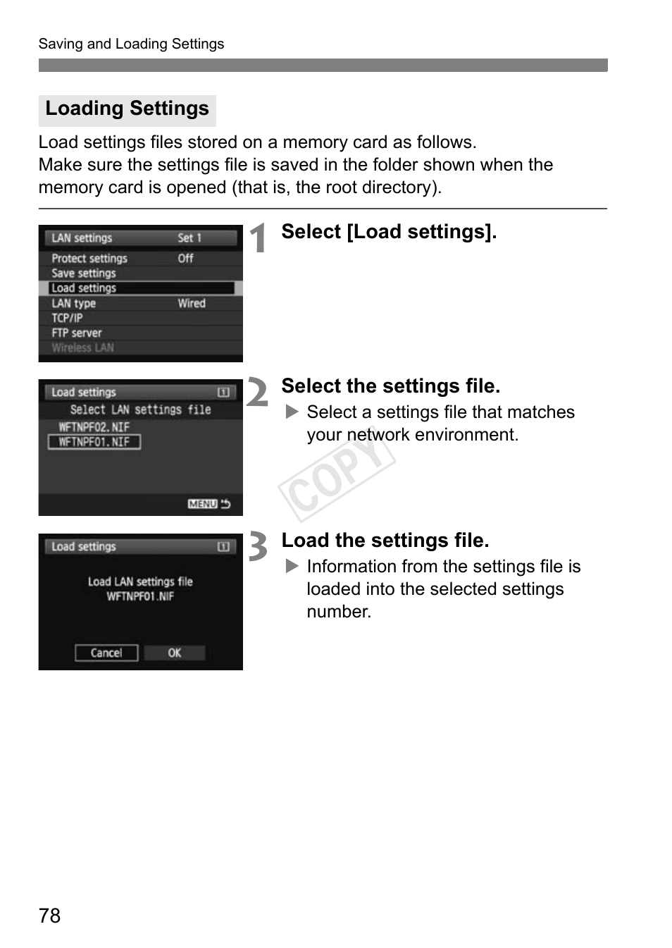Loading settings, Cop y | Canon EOS-1D C User Manual | Page 78 / 116