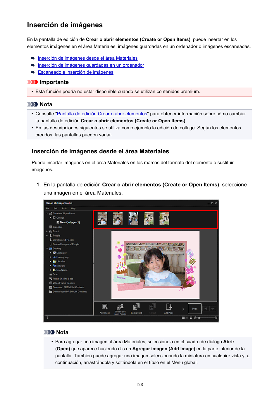 Inserción de imágenes, Consulte, También es posible | Insertar imágenes | Canon PIXMA PRO-1 User Manual | Page 128 / 320
