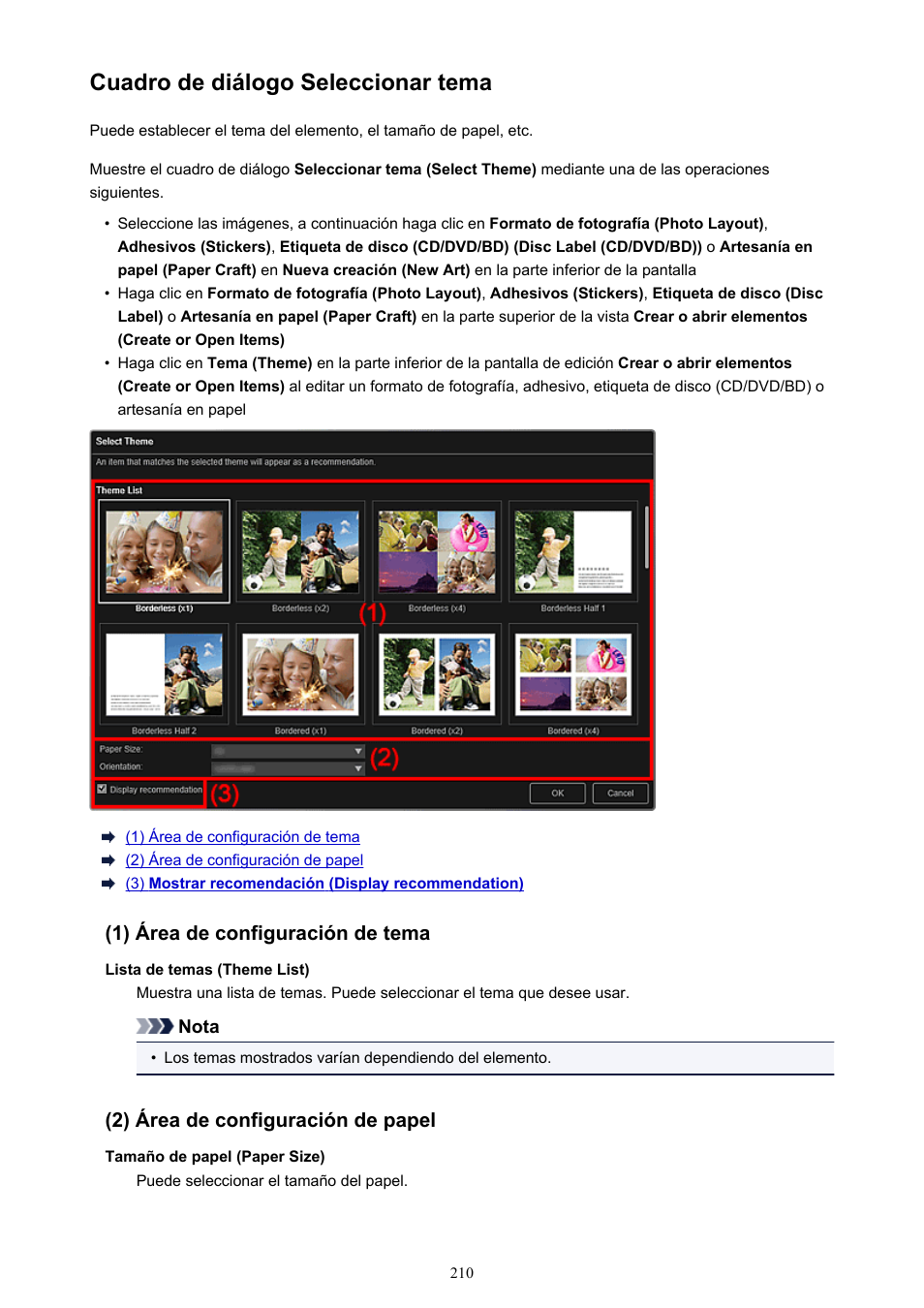 Cuadro de diálogo seleccionar tema, Cuadro de diálogo seleccionar tema (select theme), En el que | O el, En el que se pueden establecer el | Canon PIXMA PRO-1 User Manual | Page 210 / 320