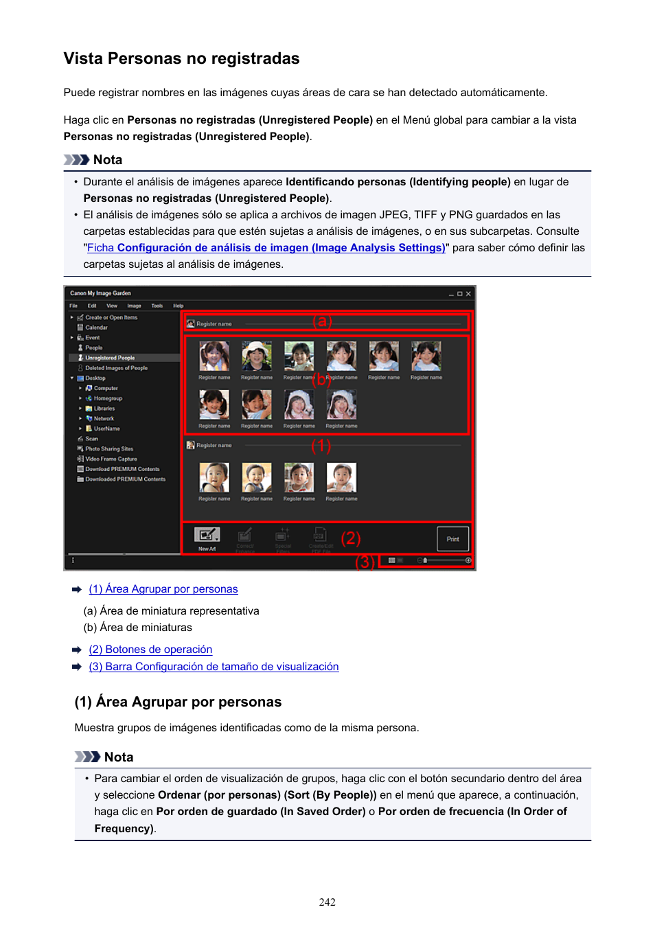 Vista personas no registradas, La vista cambia a, Personas no registradas (unregistered people) | Canon PIXMA PRO-1 User Manual | Page 242 / 320