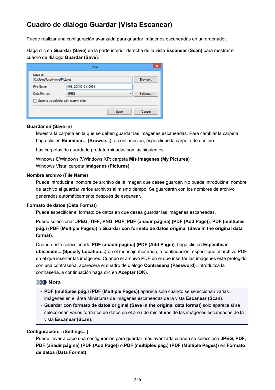 Cuadro de diálogo guardar (vista escanear), Muestra el, Cuadro de diálogo guardar (save) | Canon PIXMA PRO-1 User Manual | Page 256 / 320