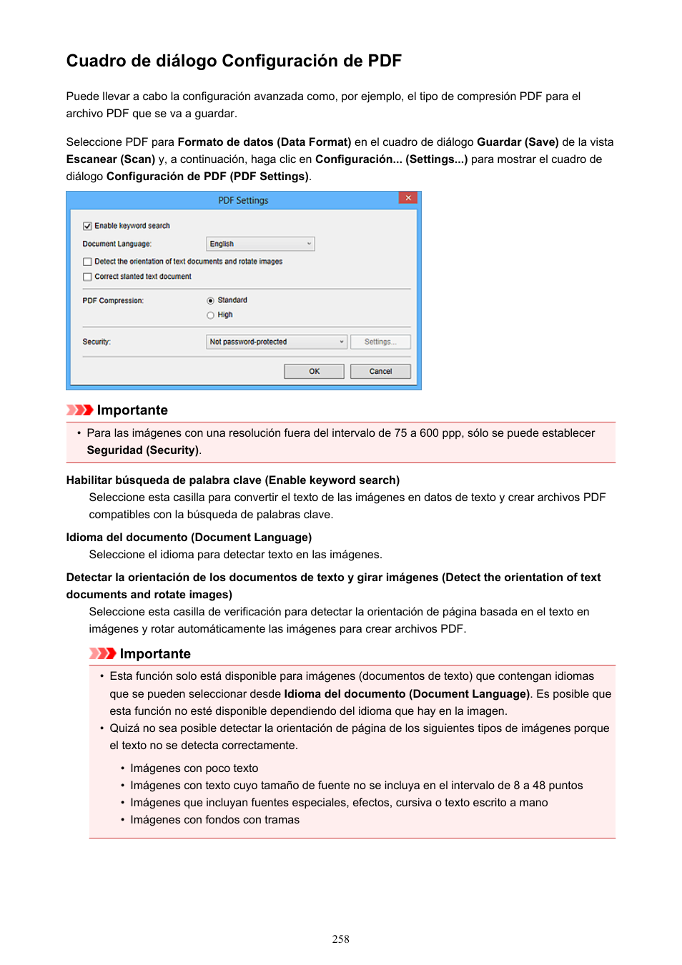 Cuadro de diálogo configuración de pdf | Canon PIXMA PRO-1 User Manual | Page 258 / 320