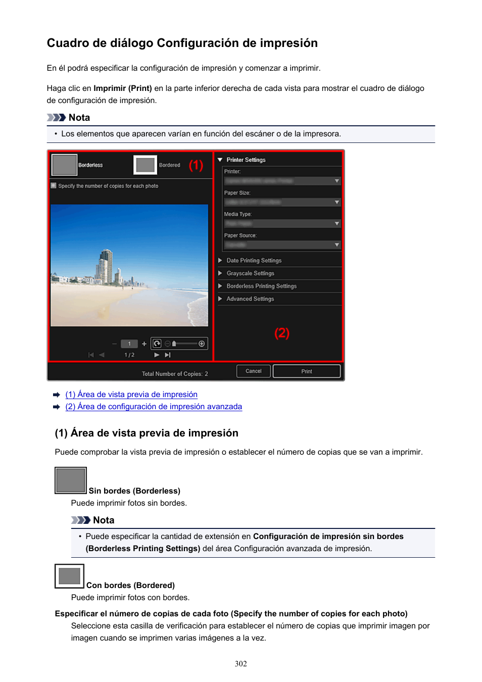 Cuadro de diálogo configuración de impresión, Consulte, En el menú mostrado para ver el | Cuadro de diálogo configuración de, Impresión, Cuadro de diálogo, Configuración de impresión, O el, Cuadro de diálogo de, Y puede administrar archivos | Canon PIXMA PRO-1 User Manual | Page 302 / 320