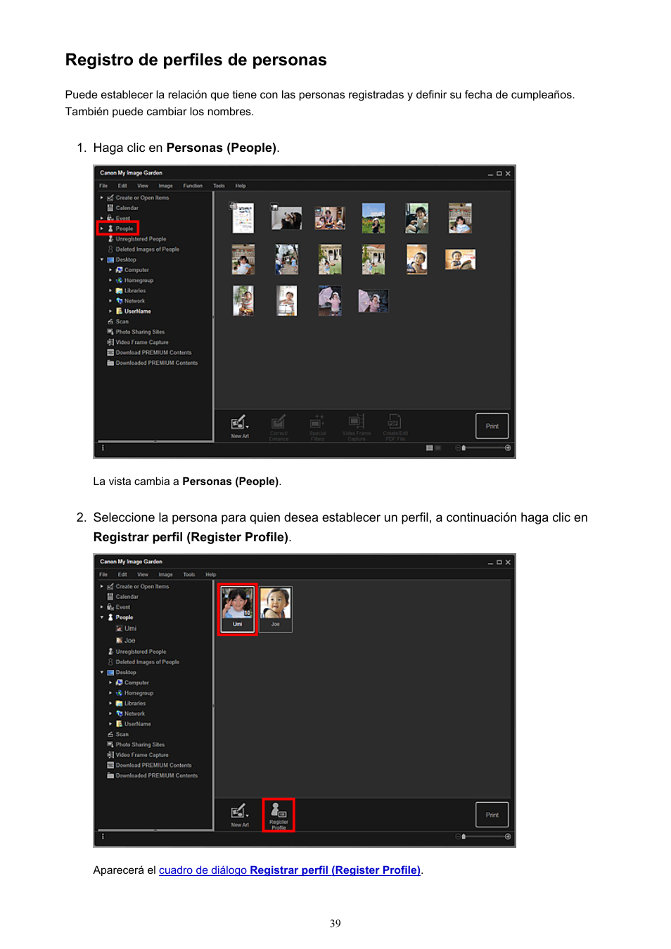 Registro de perfiles de personas | Canon PIXMA PRO-1 User Manual | Page 39 / 320