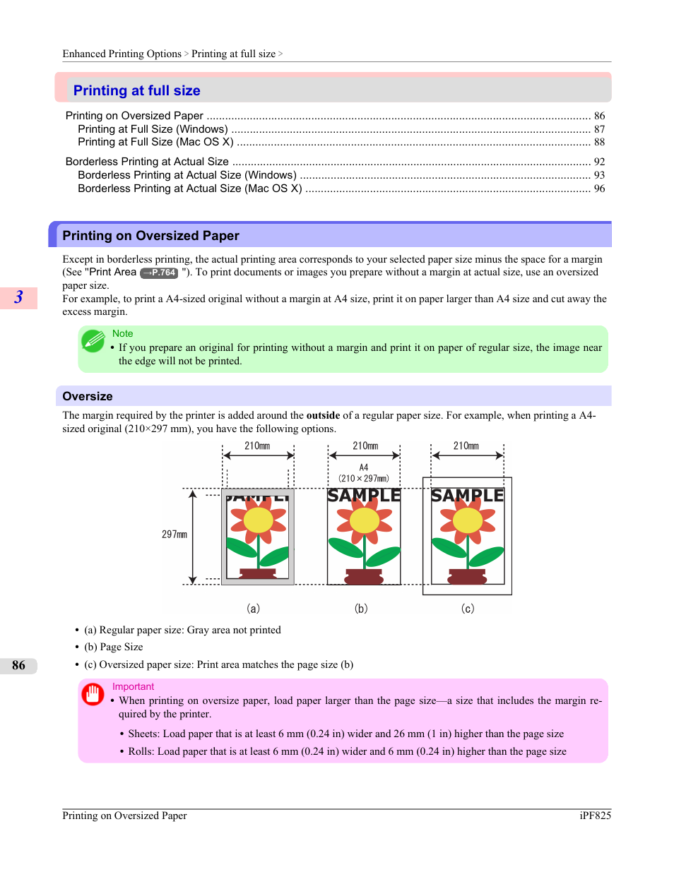 Printing at full size, Printing on oversized paper | Canon imagePROGRAF iPF825 User Manual | Page 102 / 956
