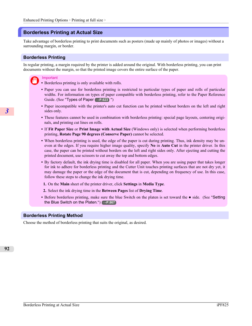 Borderless printing at actual size, See "borderless printing at actual size."), P.92 | Canon imagePROGRAF iPF825 User Manual | Page 108 / 956