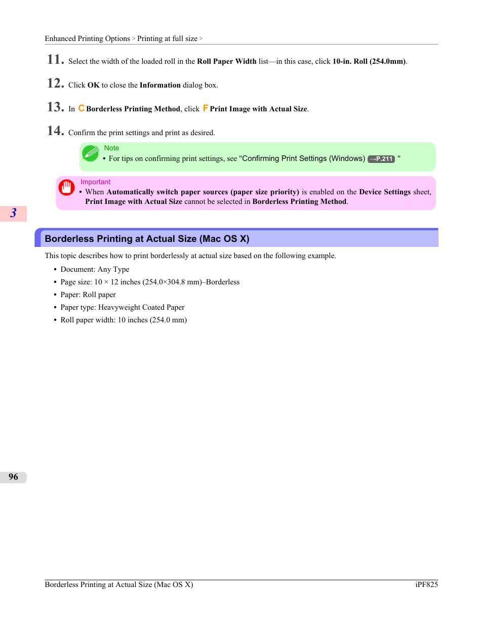 Borderless printing at actual size (mac os x), P.96 | Canon imagePROGRAF iPF825 User Manual | Page 112 / 956