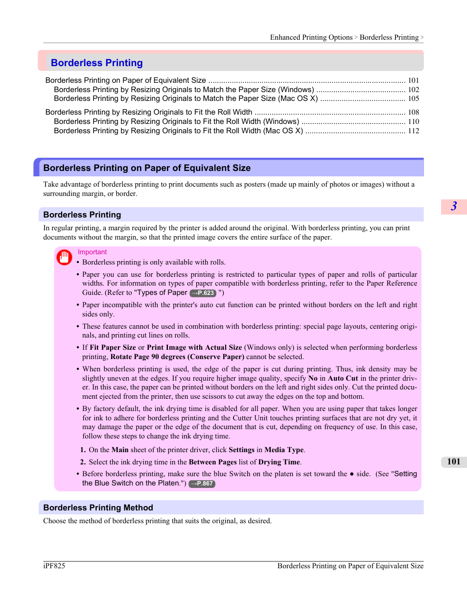 Borderless printing, Borderless printing on paper of equivalent size, P.101 | Canon imagePROGRAF iPF825 User Manual | Page 117 / 956