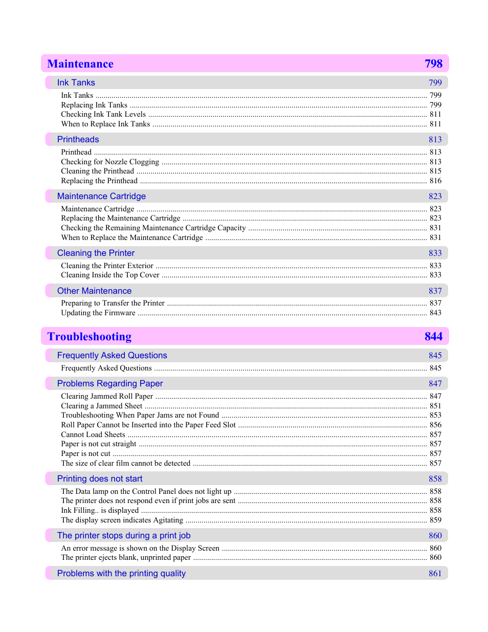 Maintenance 798, Troubleshooting 844 | Canon imagePROGRAF iPF825 User Manual | Page 13 / 956