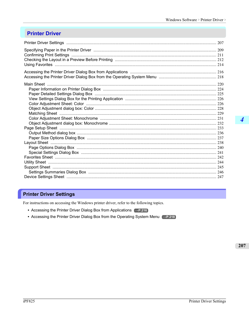 Printer driver, Printer driver settings, P.207 | Canon imagePROGRAF iPF825 User Manual | Page 223 / 956