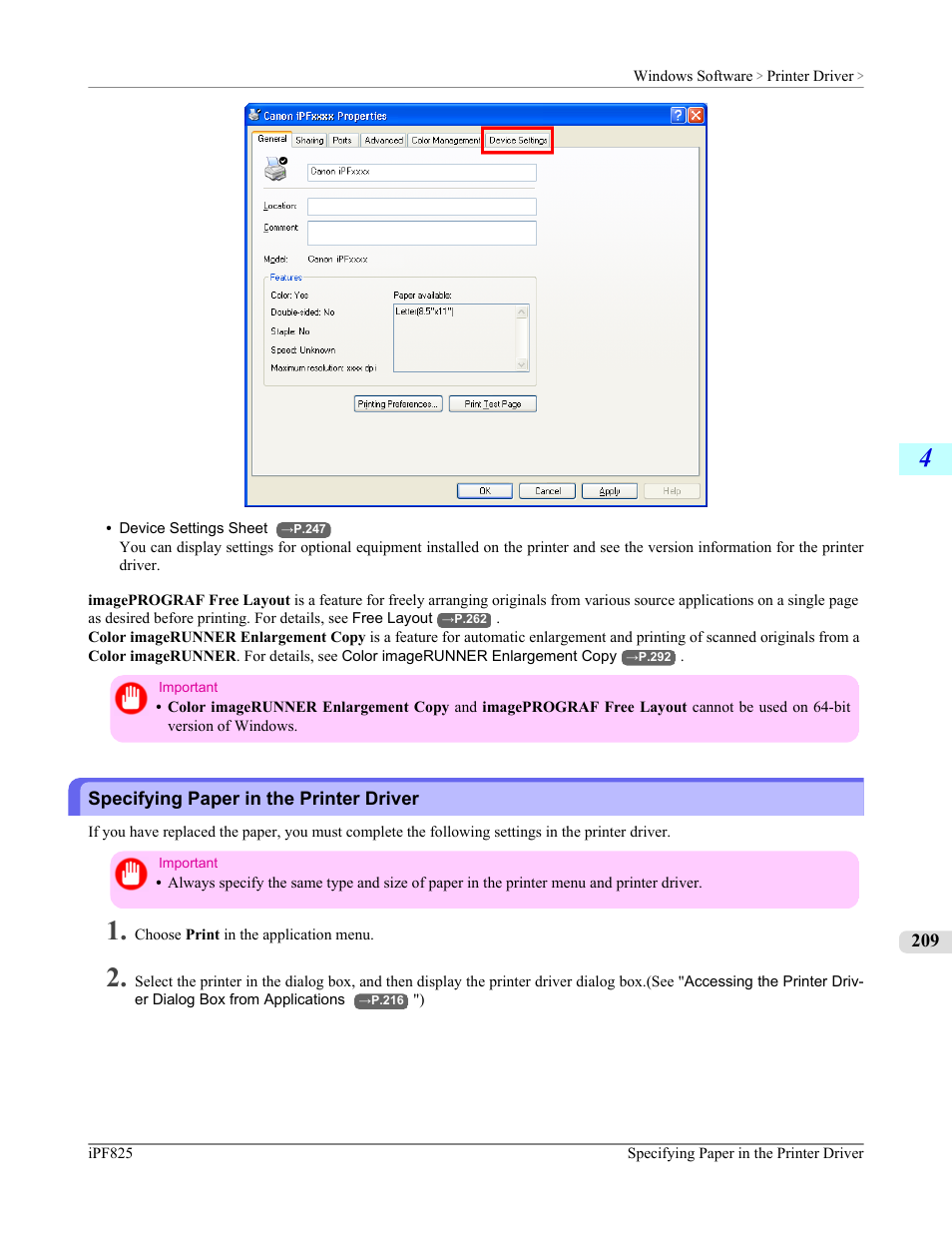 Specifying paper in the printer driver, Specifying paper in the printer driver (windows), P.209 | Canon imagePROGRAF iPF825 User Manual | Page 225 / 956