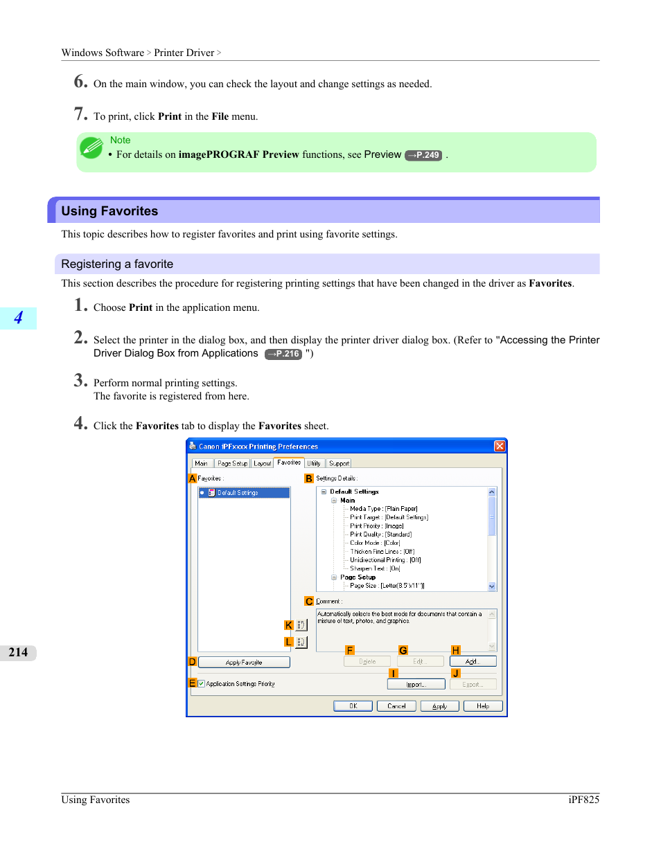 Using favorites, Using favorites (windows), P.214 | Canon imagePROGRAF iPF825 User Manual | Page 230 / 956