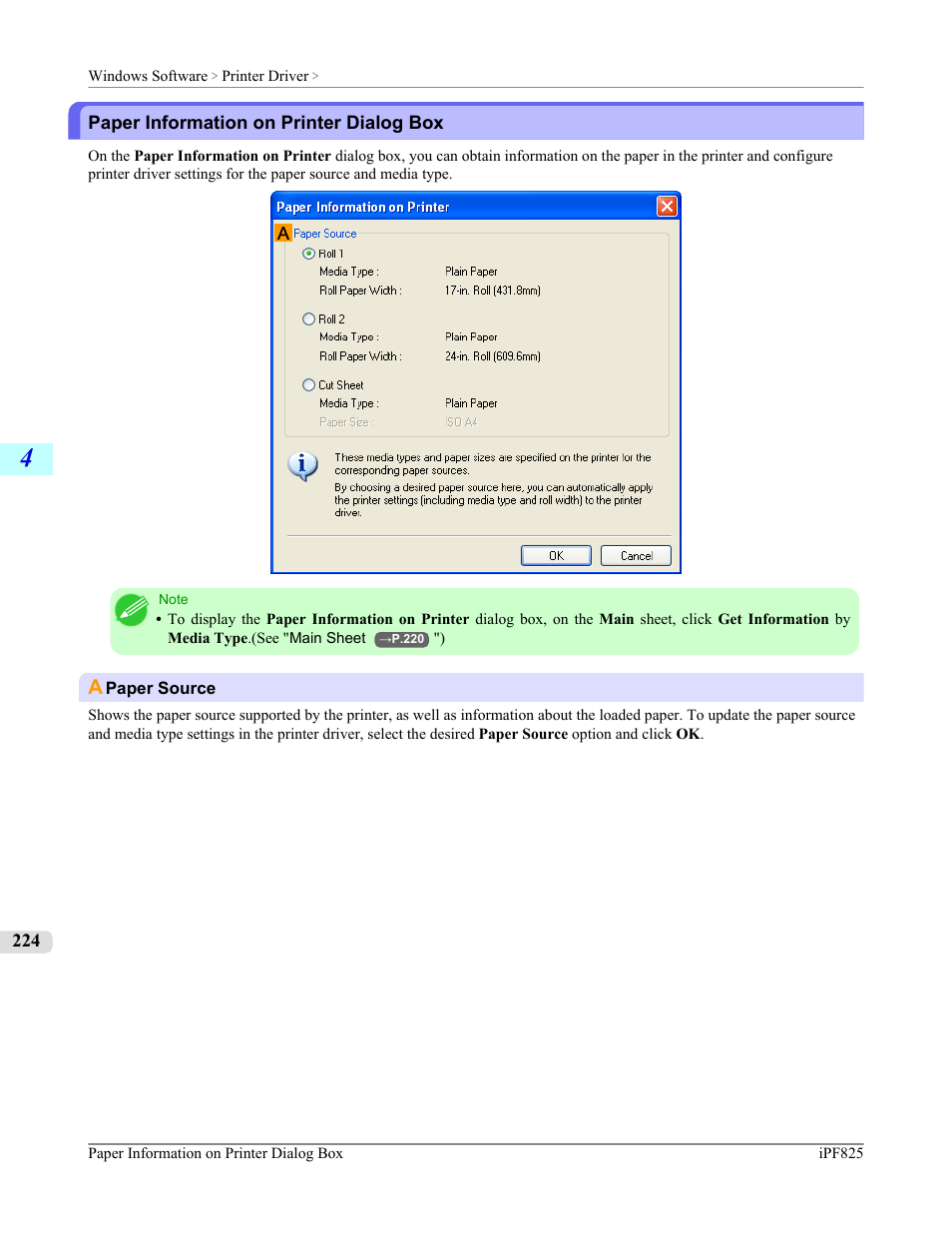 Paper information on printer dialog box, P.224 | Canon imagePROGRAF iPF825 User Manual | Page 240 / 956