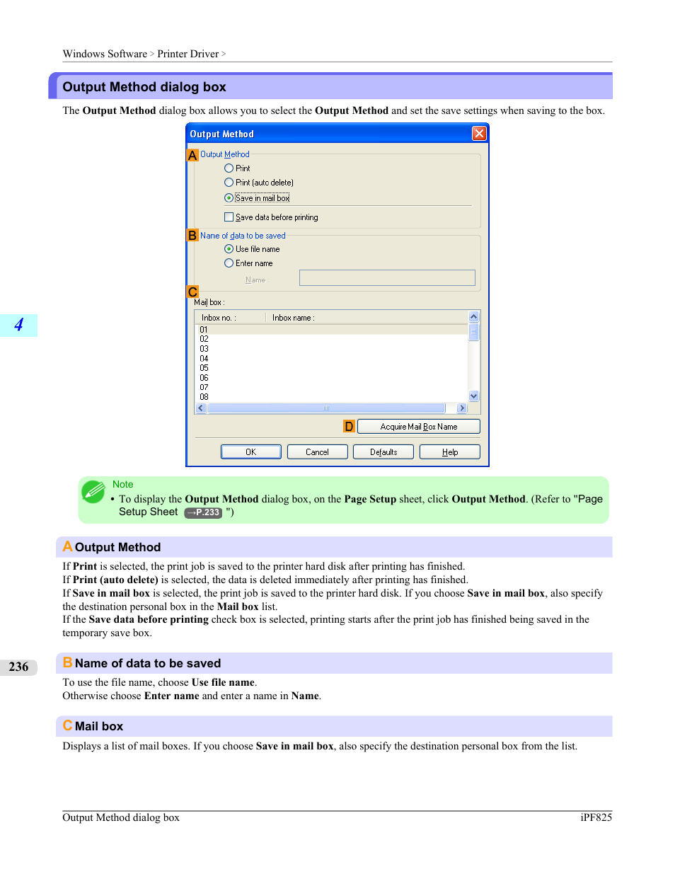 Output method dialog box, P.236 | Canon imagePROGRAF iPF825 User Manual | Page 252 / 956
