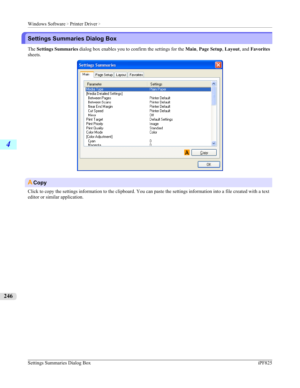 Settings summaries dialog box | Canon imagePROGRAF iPF825 User Manual | Page 262 / 956