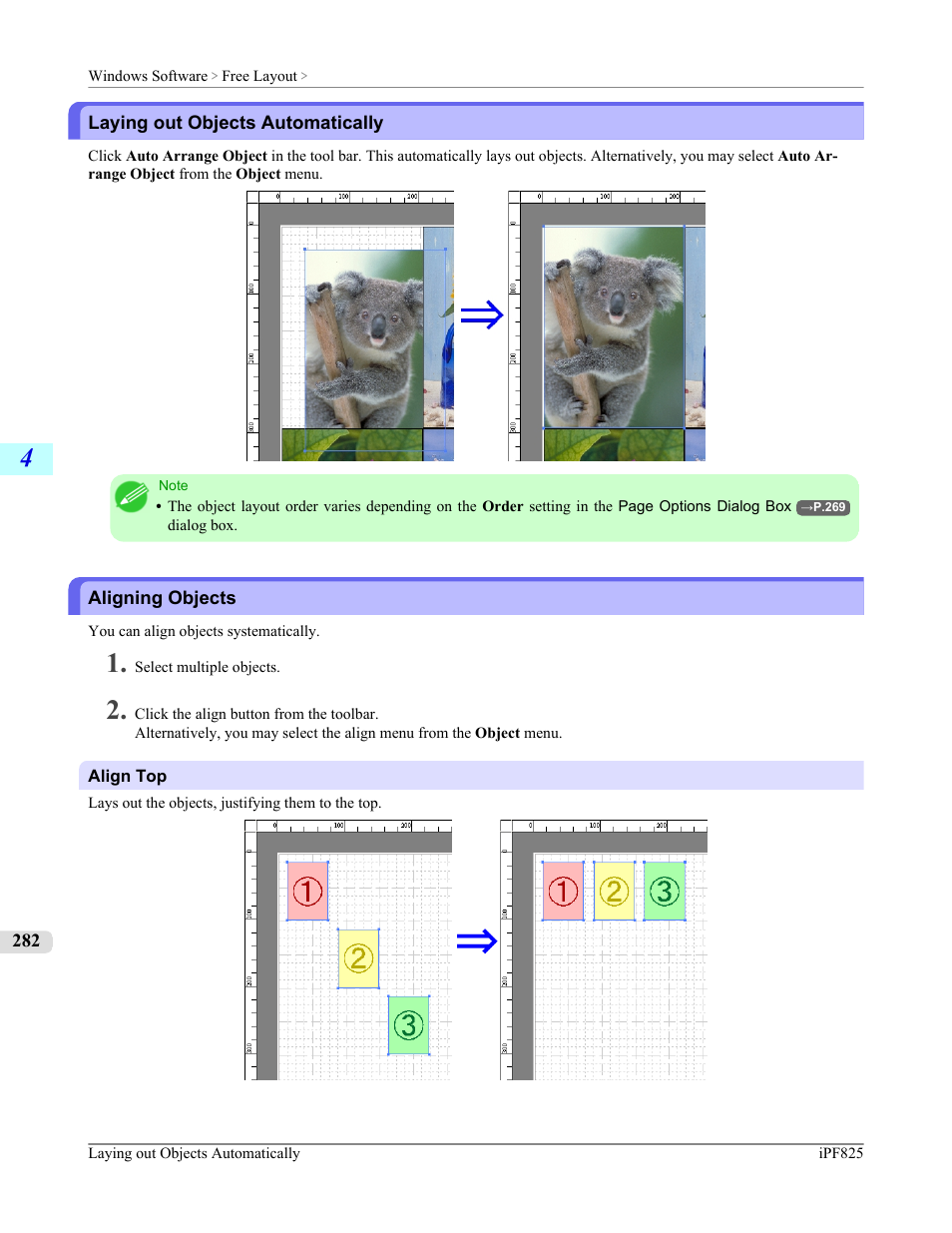 Laying out objects automatically, Aligning objects, Laying out objects automatically aligning objects | Canon imagePROGRAF iPF825 User Manual | Page 298 / 956