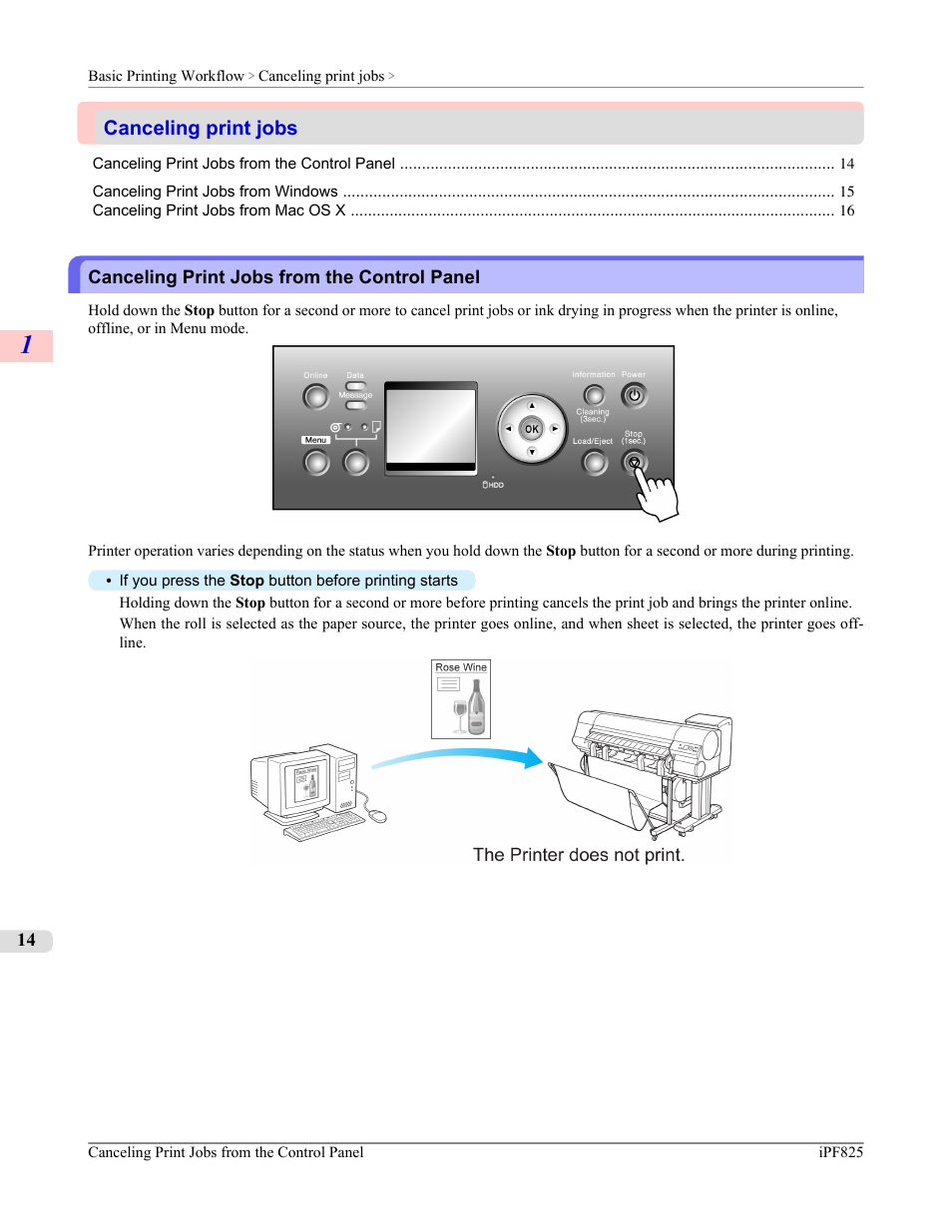 Canceling print jobs, Canceling print jobs from the control panel | Canon imagePROGRAF iPF825 User Manual | Page 30 / 956