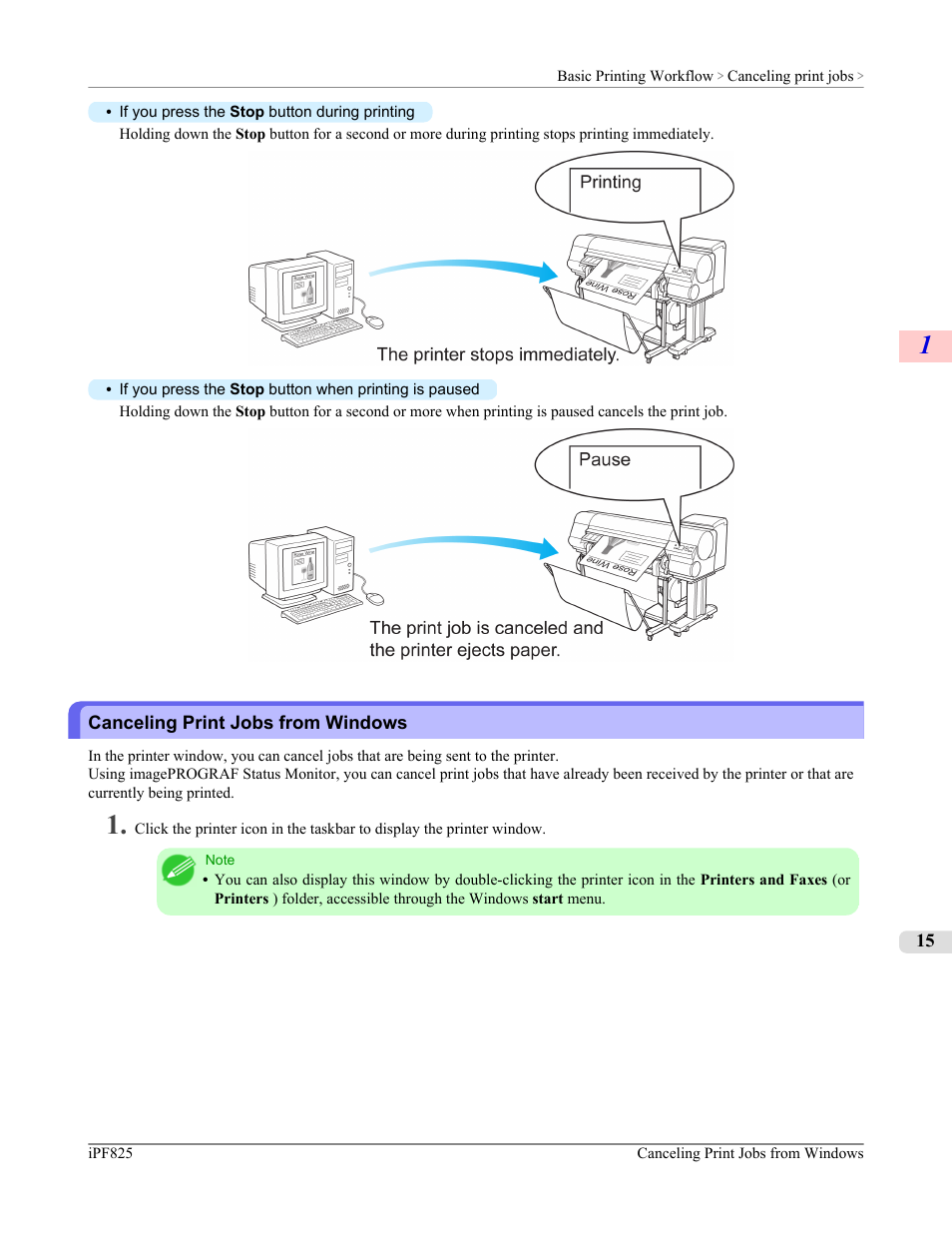 Canceling print jobs from windows | Canon imagePROGRAF iPF825 User Manual | Page 31 / 956