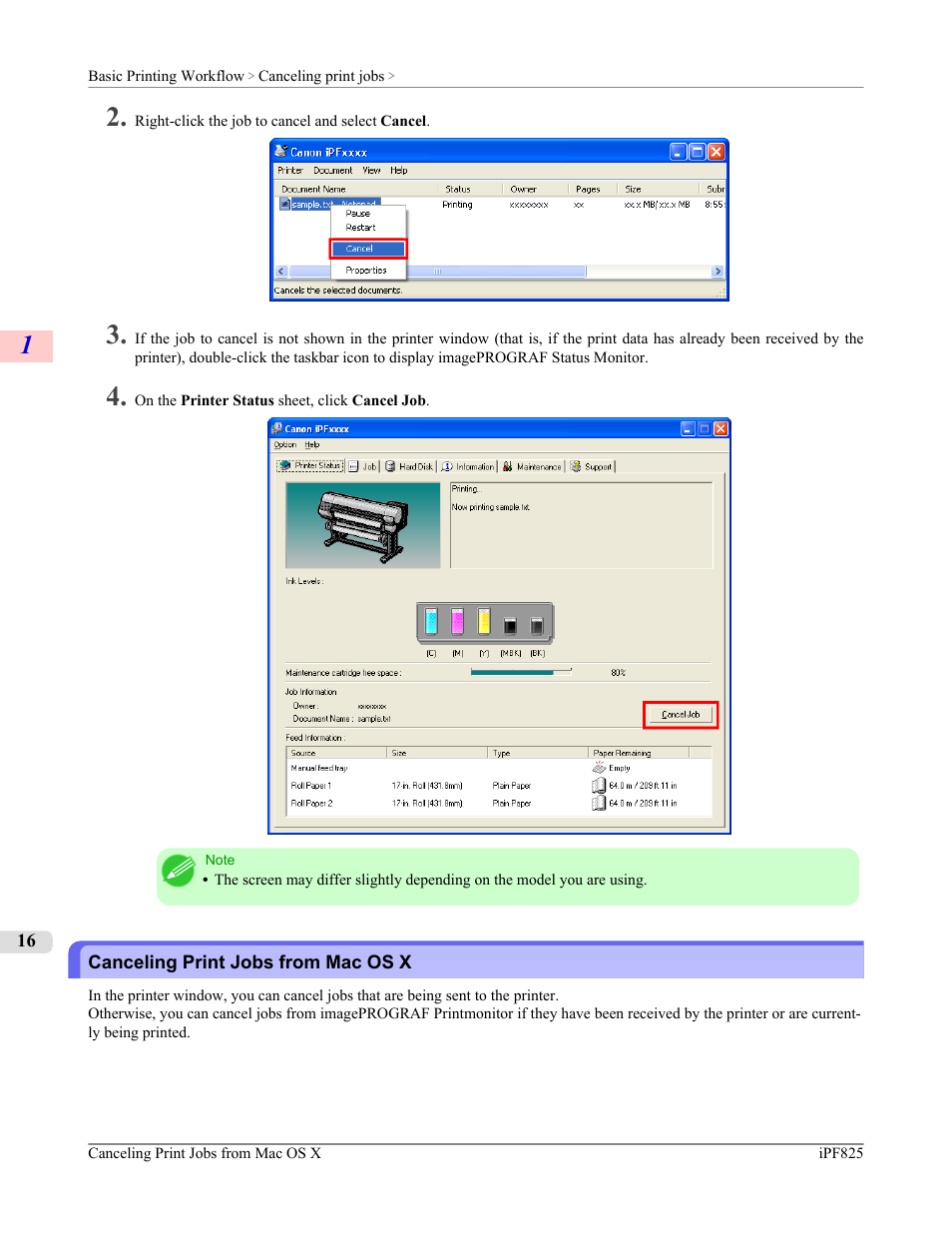 Canceling print jobs from mac os x | Canon imagePROGRAF iPF825 User Manual | Page 32 / 956