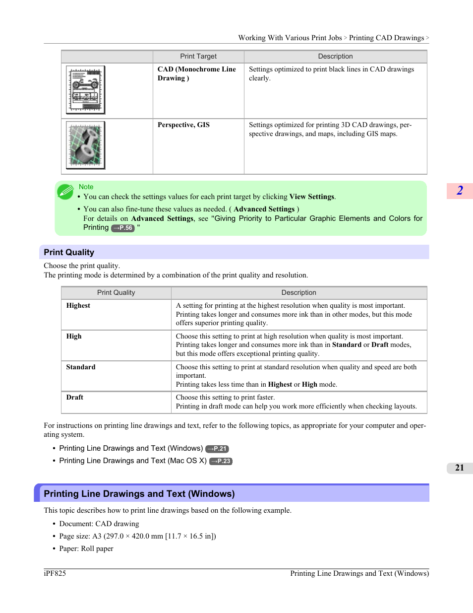 Printing line drawings and text (windows), P.21 | Canon imagePROGRAF iPF825 User Manual | Page 37 / 956