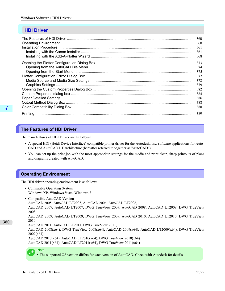 Hdi driver, The features of hdi driver, Operating environment | The features of hdi driver operating environment, For details on the hdi driver, see the hdi driver, P.360 | Canon imagePROGRAF iPF825 User Manual | Page 376 / 956