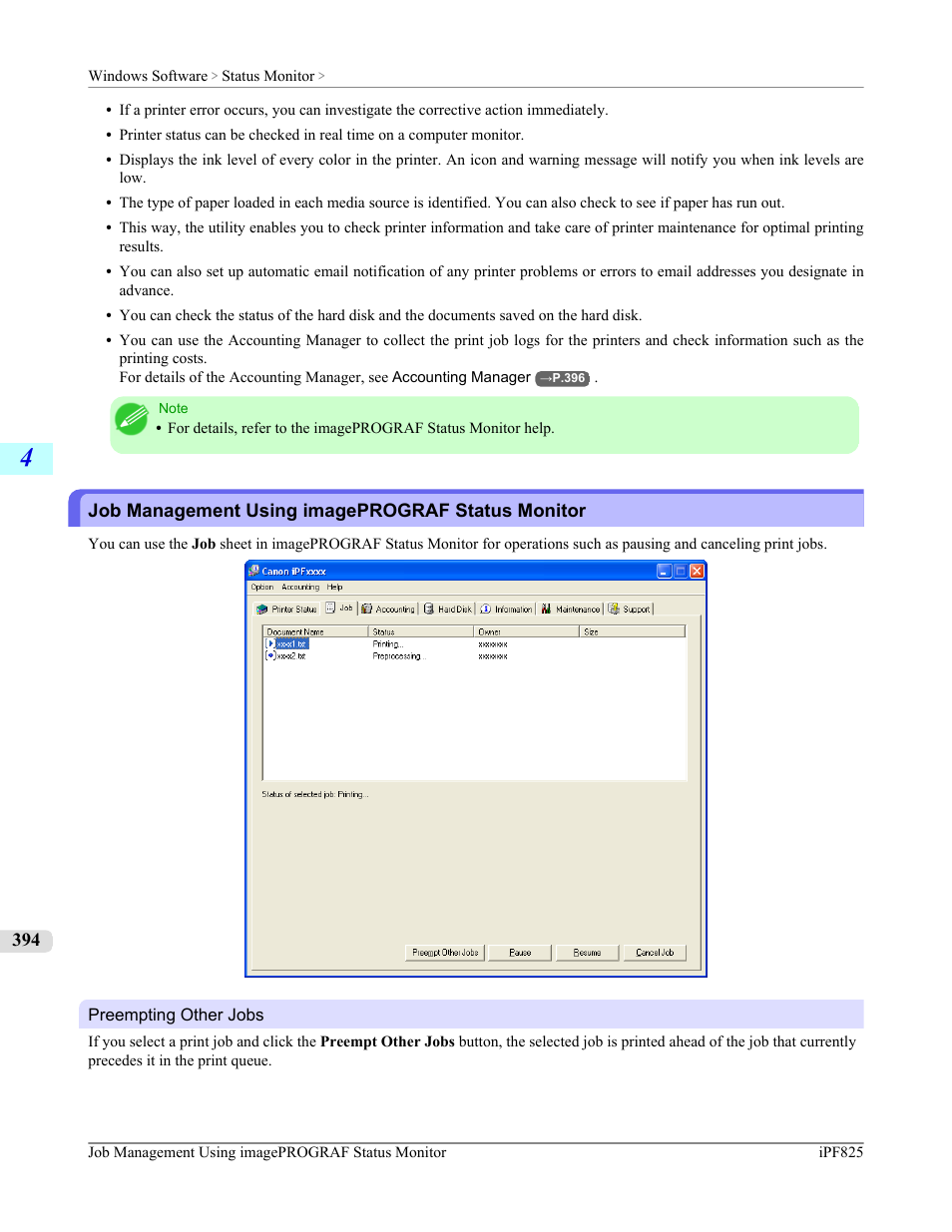 Job management using imageprograf status monitor | Canon imagePROGRAF iPF825 User Manual | Page 410 / 956