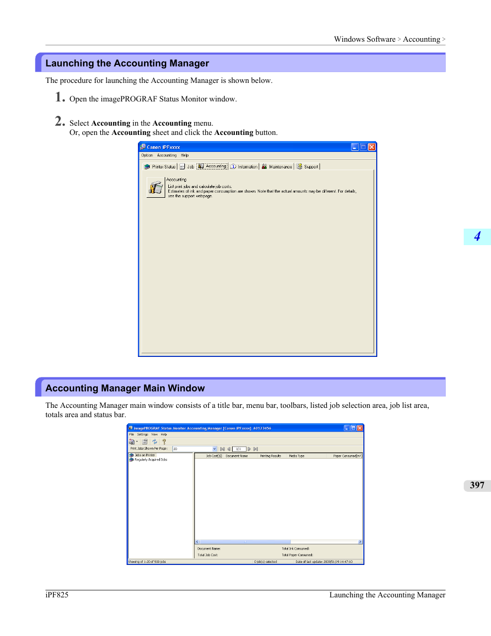 Launching the accounting manager, Accounting manager main window | Canon imagePROGRAF iPF825 User Manual | Page 413 / 956