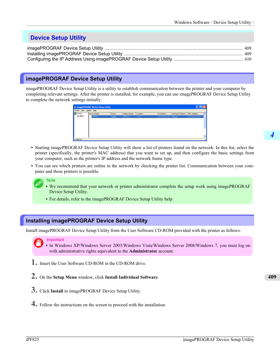 Device setup utility, Imageprograf device setup utility, Installing imageprograf device setup utility | Canon imagePROGRAF iPF825 User Manual | Page 425 / 956