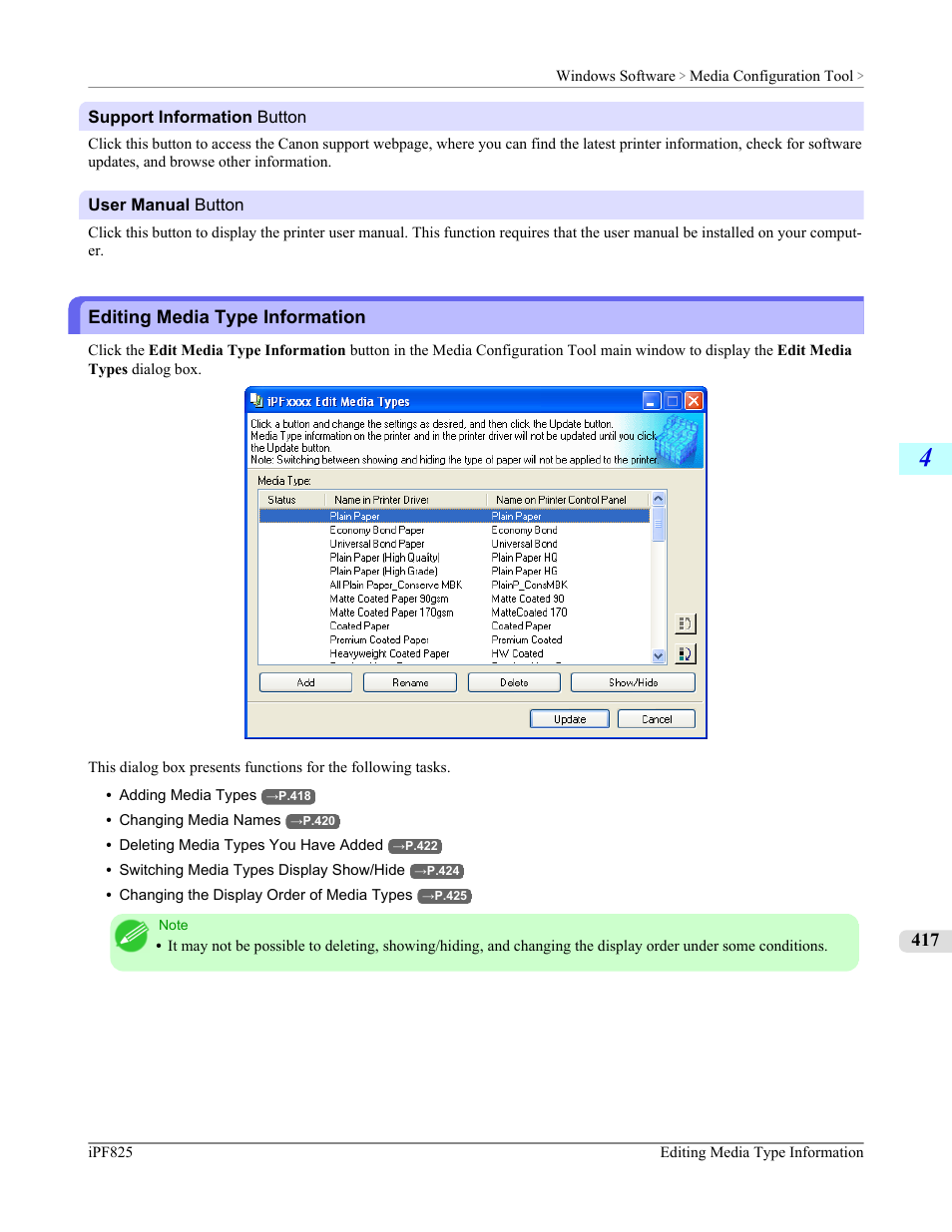 Editing media type information, See "editing media type information, P.417 | Canon imagePROGRAF iPF825 User Manual | Page 433 / 956