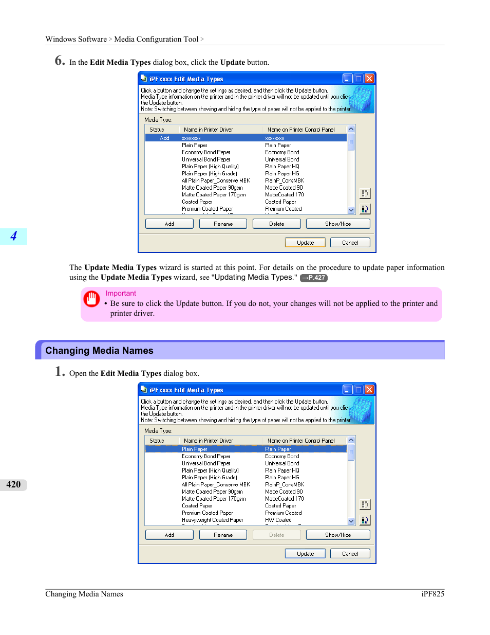 Changing media names, P.420 | Canon imagePROGRAF iPF825 User Manual | Page 436 / 956