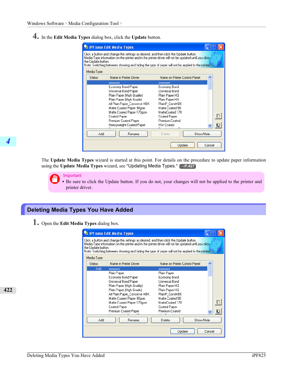 Deleting media types you have added, P.422 | Canon imagePROGRAF iPF825 User Manual | Page 438 / 956