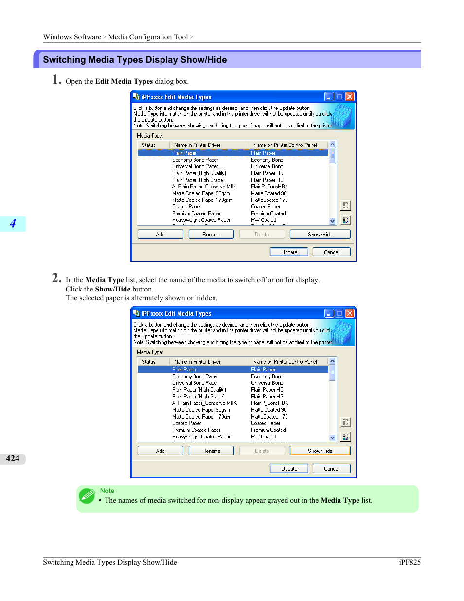Switching media types display show/hide, P.424 | Canon imagePROGRAF iPF825 User Manual | Page 440 / 956