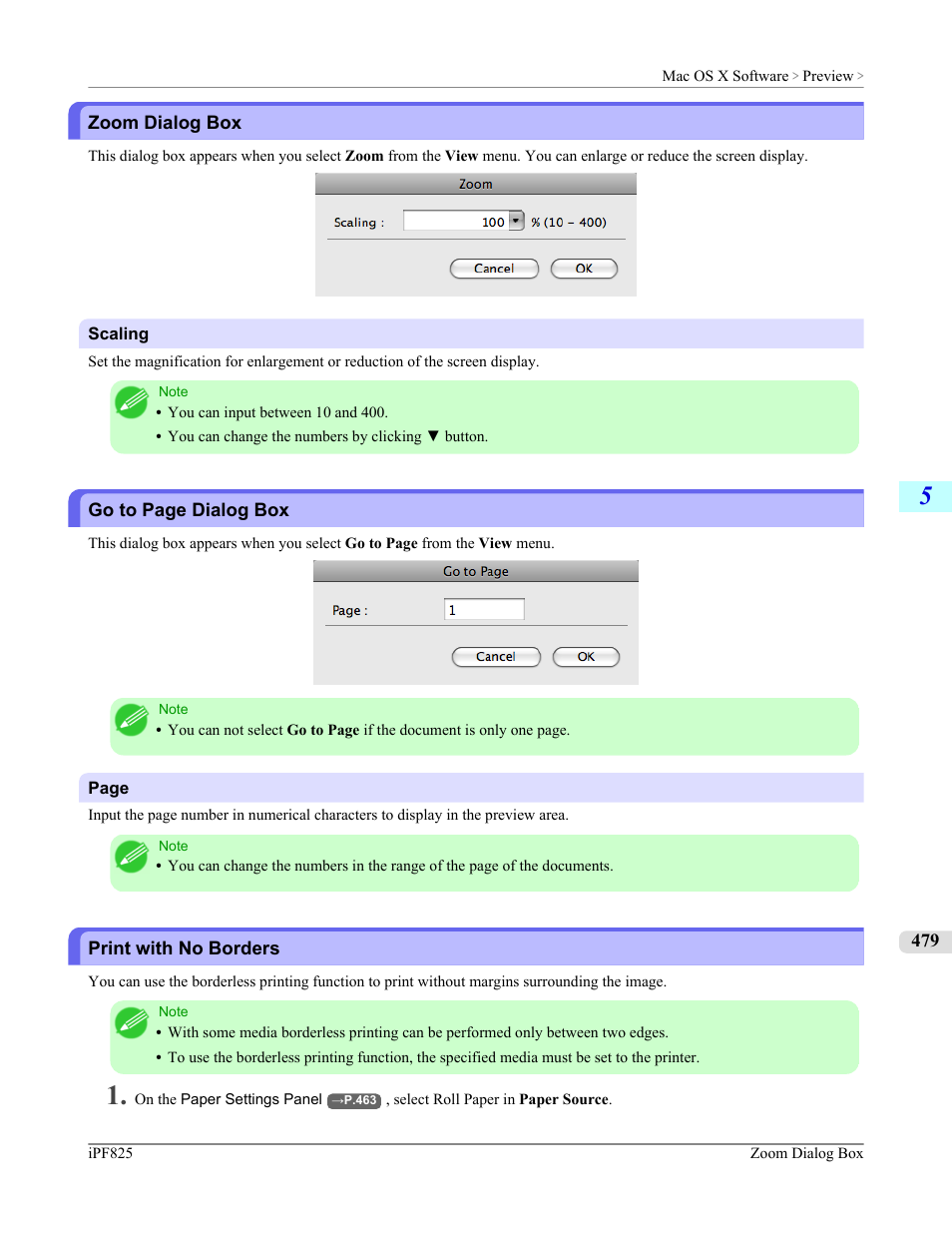 Zoom dialog box, Print with no borders, See "print with no borders | P.479 | Canon imagePROGRAF iPF825 User Manual | Page 495 / 956