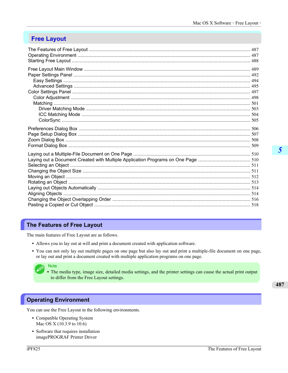 Free layout, The features of free layout, Operating environment | The features of free layout operating environment, Functions, refer to free layout, P.487 | Canon imagePROGRAF iPF825 User Manual | Page 503 / 956