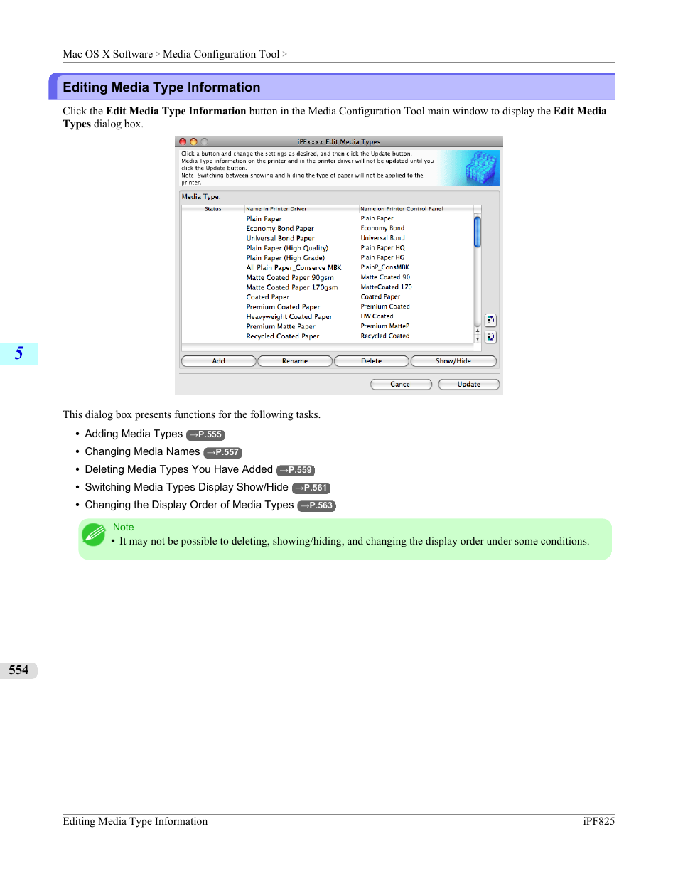 Editing media type information, See "editing media type information, P.554 | Canon imagePROGRAF iPF825 User Manual | Page 570 / 956