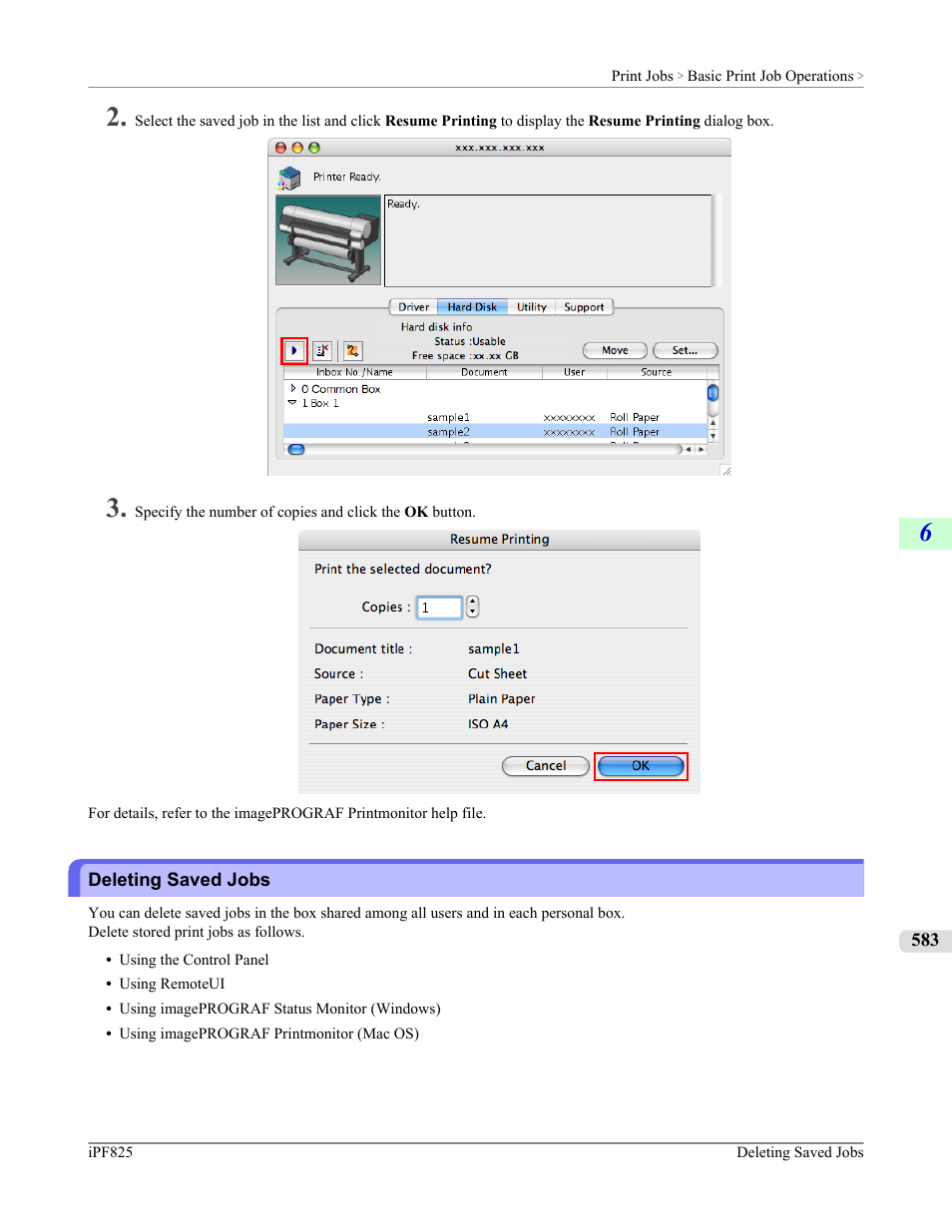 Deleting saved jobs | Canon imagePROGRAF iPF825 User Manual | Page 599 / 956