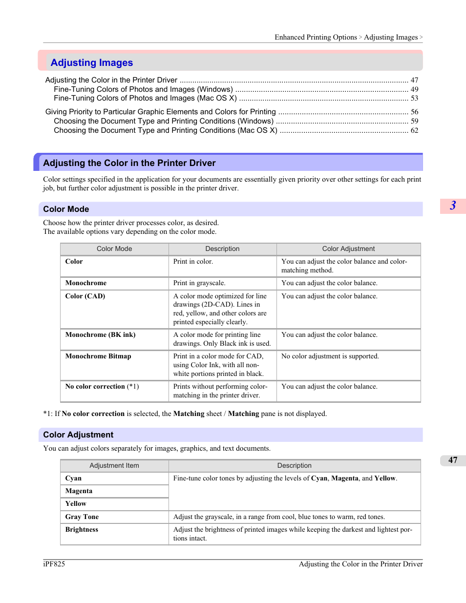 Adjusting images, Adjusting the color in the printer driver | Canon imagePROGRAF iPF825 User Manual | Page 63 / 956
