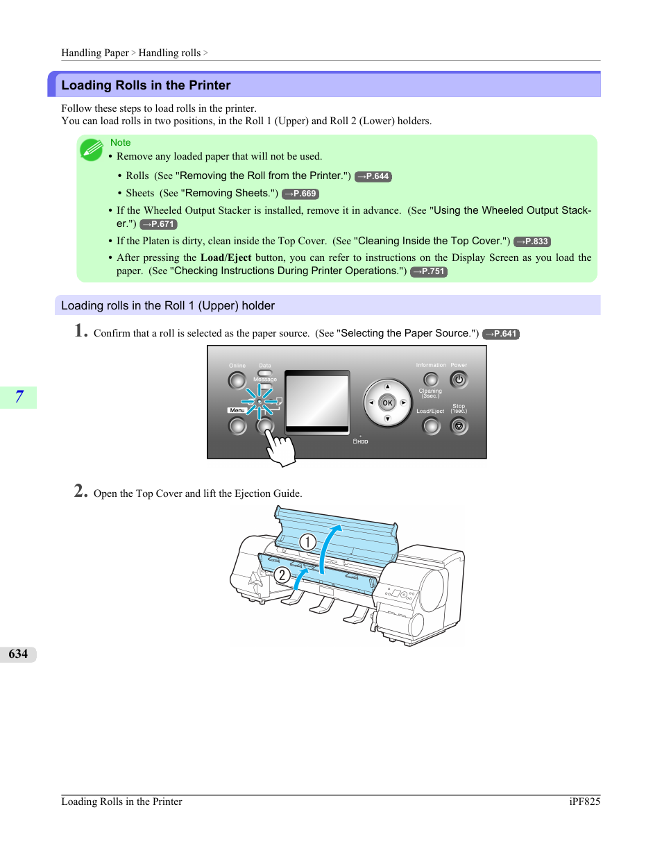 Loading rolls in the printer, See "loading rolls in the printer."), P.634 | Canon imagePROGRAF iPF825 User Manual | Page 650 / 956