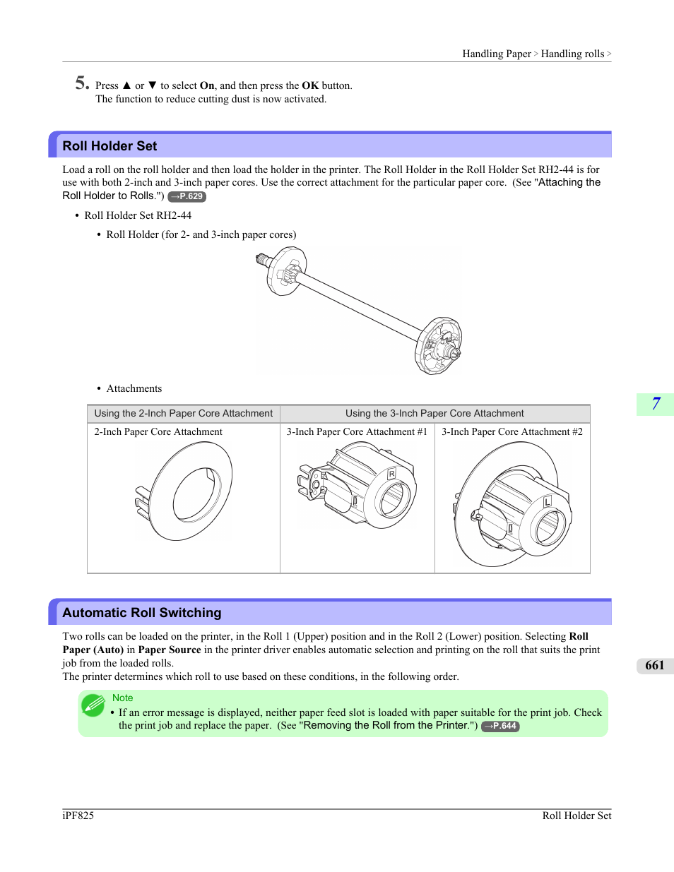 Roll holder set, Automatic roll switching, Roll holder set automatic roll switching | See "automatic roll switching."), P.661 | Canon imagePROGRAF iPF825 User Manual | Page 677 / 956